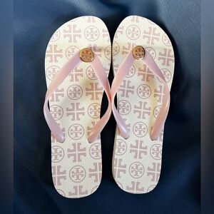 Tory Burch Blush Pink Logo-Print Flip Flops, Like New, Size 9